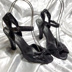 NEW APOSTROPHE black strappy snakeskin print sling back open toe heels  MALEK 9